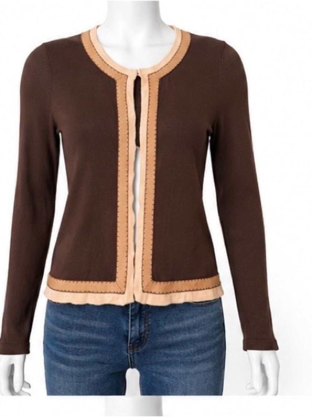 Kasper Brown Cardigan with Tan Contrast Trim